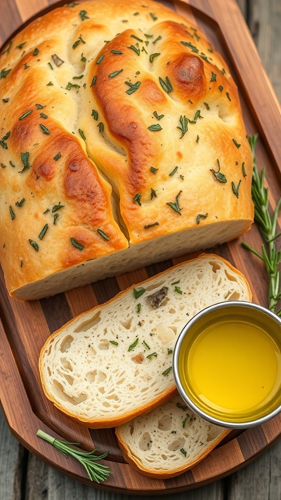 Herb Focaccia Bread Loaf Recipe A golden-brown herb focaccia bread loaf sliced on a wooden board with olive oil and fresh herbs.